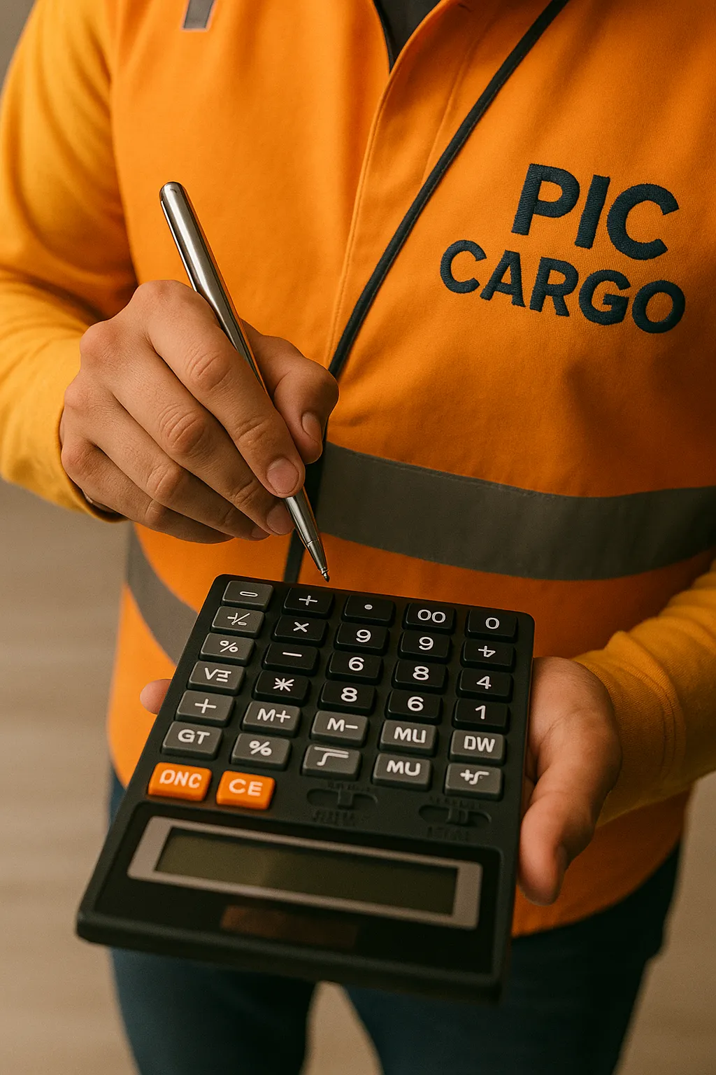 Persona calculando costos de flete marítimo con una calculadora